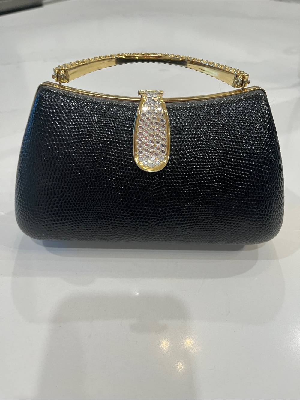Black Crystal-Accent Evening Top-Handle Clutch